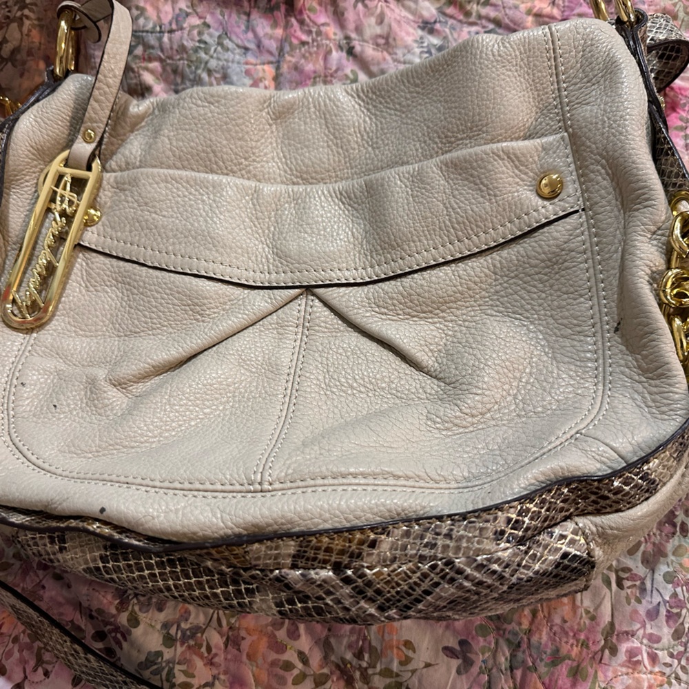 B Makowsky Leather Convertible Shoulder Bag Stone Tan Chains Snake Skin Embossed